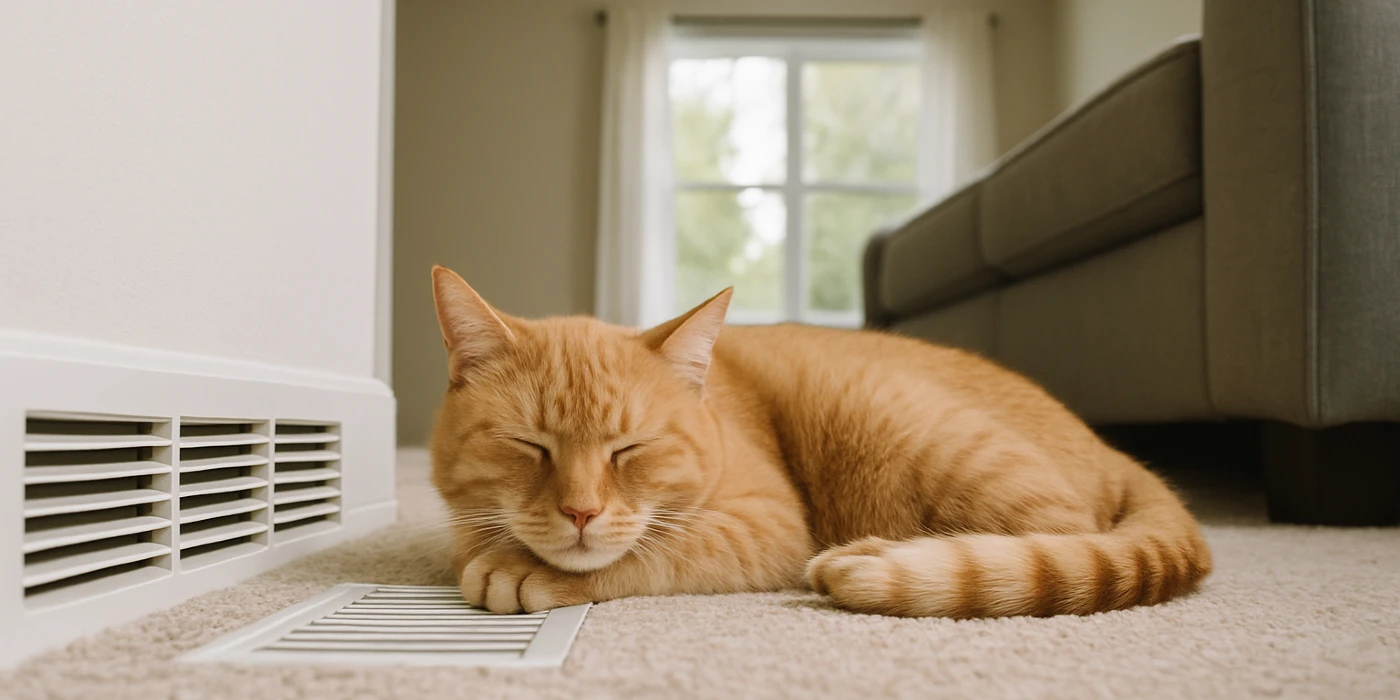 an orange cat laying on the carpet next to an AC vent from Houston Air Conditioning Repair in Houston, TX - AC Repair Technician an orange cat laying on the carpet next to an AC vent from Houston Air Conditioning Repair in Houston, TX - AC Repair Technician