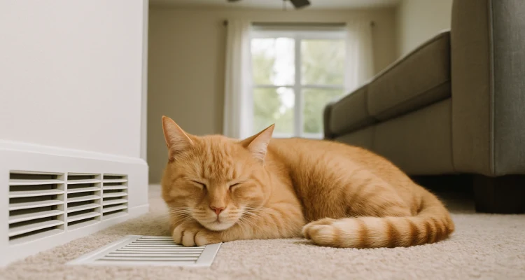an orange cat laying on the carpet next to an AC vent from Houston Air Conditioning Repair in Houston, TX - AC Repair Technician