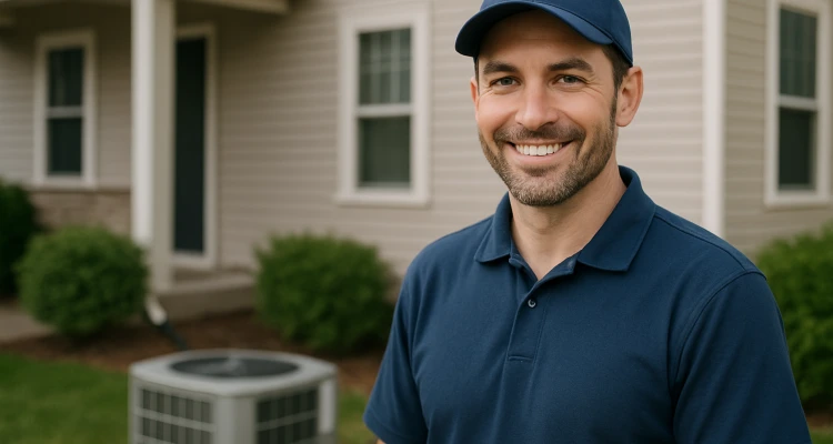 an hvac technician on the front porch smiling at the camera and an AC unit next to him from Houston Air Conditioning Repair in Houston, TX - Air Conditioning repair near me