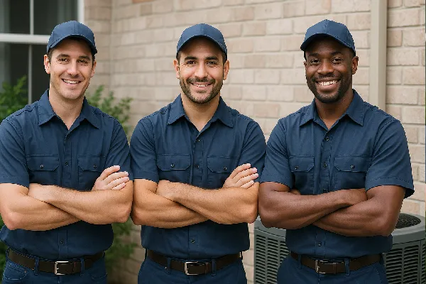 3 hvac technician ouside a house smiling at the camera from Houston Air Conditioning Repair in Houston, TX - Air Conditioning repair near me