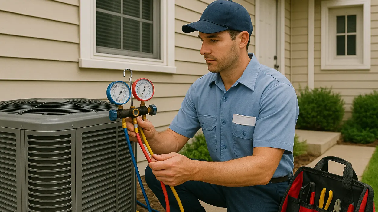 an hvac technician in uniform using the manifold gauge to test an ac unit from Houston Air Conditioning Repair in Houston, TX - Commercial Air Conditioning Services