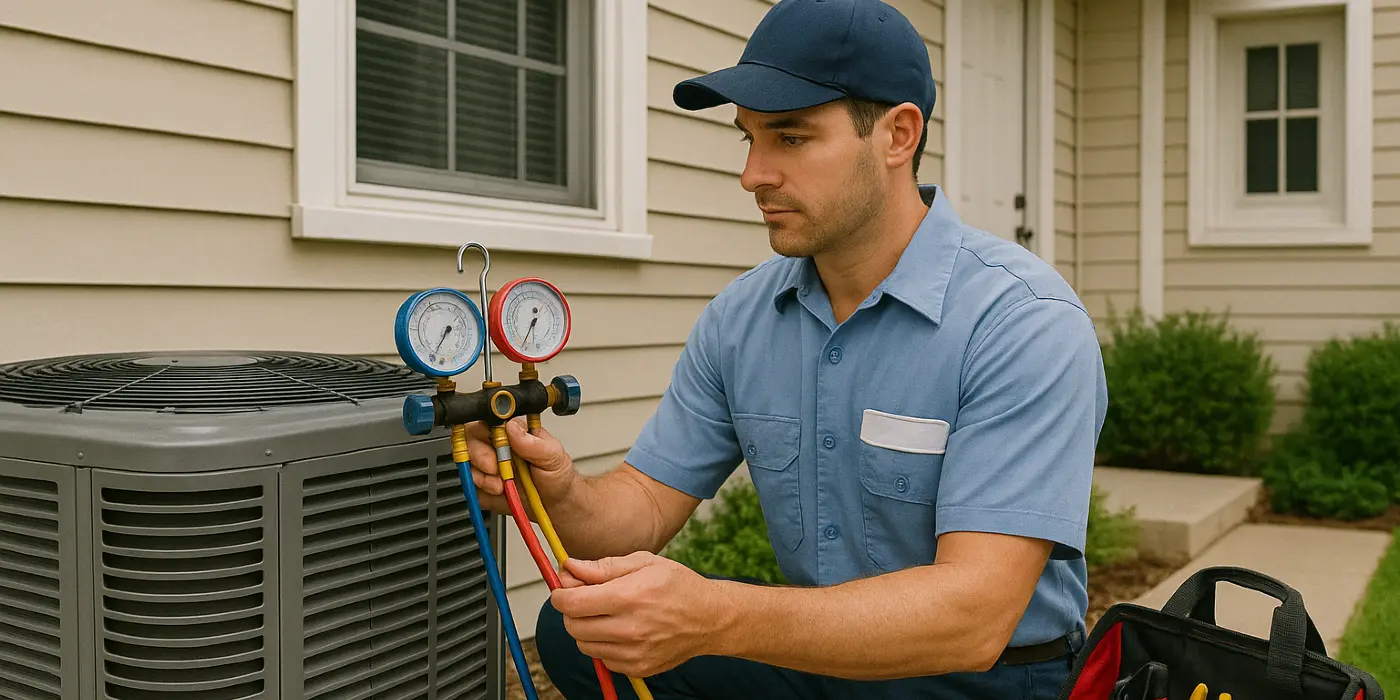 an hvac technician in uniform using the manifold gauge to test an ac unit from Houston Air Conditioning Repair in Conroe, TX - Conroe TX an hvac technician in uniform using the manifold gauge to test an ac unit from Houston Air Conditioning Repair in Conroe, TX - Conroe TX