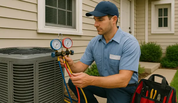 an hvac technician in uniform using the manifold gauge to test an ac unit from Houston Air Conditioning Repair in Conroe, TX - Conroe TX