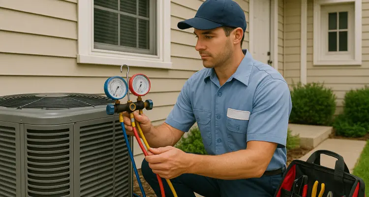 an hvac technician in uniform using the manifold gauge to test an ac unit from Houston Air Conditioning Repair in Conroe, TX - Conroe TX