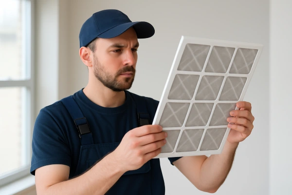 an hvac technician holding and checking an ac filter from Houston Air Conditioning Repair in Conroe, TX - Conroe TX an hvac technician holding and checking an ac filter from Houston Air Conditioning Repair in Conroe, TX - Conroe TX