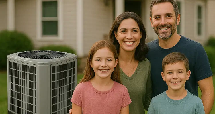 a family outside the house smiling at the camera with a new AC unit next to them from Houston Air Conditioning Repair in Houston, TX - Emergency AC Repair