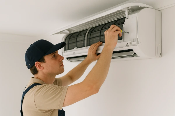 a male hvac technician checking a mini split AC unit from Houston Air Conditioning Repair in Houston, TX - Emergency AC Repair a male hvac technician checking a mini split AC unit from Houston Air Conditioning Repair in Houston, TX - Emergency AC Repair