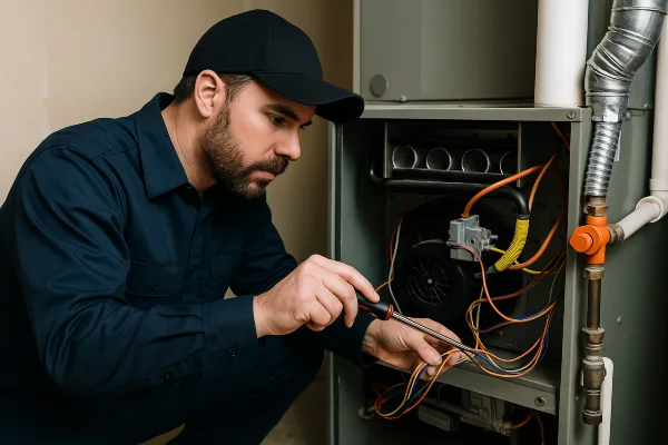 a male hvac technician checking a furnace wiring from Houston Air Conditioning Repair in Houston, TX - Emergency AC Repair a male hvac technician checking a furnace wiring from Houston Air Conditioning Repair in Houston, TX - Emergency AC Repair