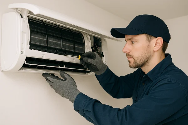 an hvac technician fixing a mini split AC unit from Houston Air Conditioning Repair in Houston, TX - hvac companies near me an hvac technician fixing a mini split AC unit from Houston Air Conditioning Repair in Houston, TX - hvac companies near me