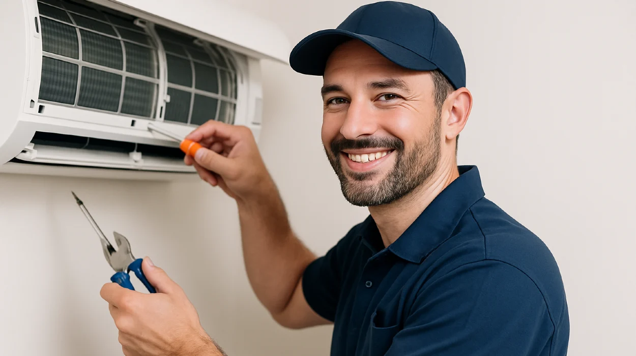 a male hvac techinican using a screwdriver to open a mini split unit and smiling at the camera from Houston Air Conditioning Repair in Houston, TX - HVAC Repair