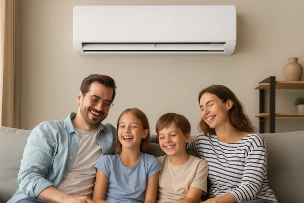 a family on a couch enjoying the cool air coming from a mini split AC unit from Houston Air Conditioning Repair in Houston, TX - HVAC Repair a family on a couch enjoying the cool air coming from a mini split AC unit from Houston Air Conditioning Repair in Houston, TX - HVAC Repair