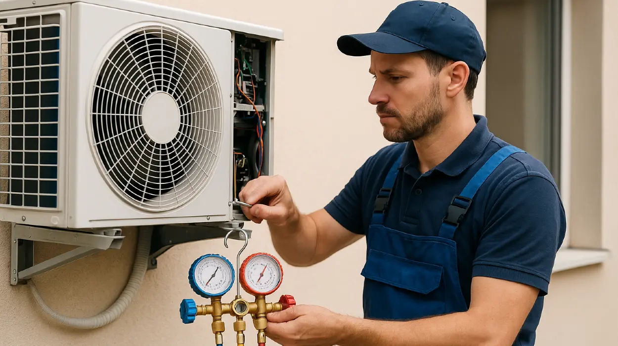 a male technician checking an ac unit from Houston Air Conditioning Repair - Houston, TX a male technician checking an ac unit from Houston Air Conditioning Repair - Houston, TX