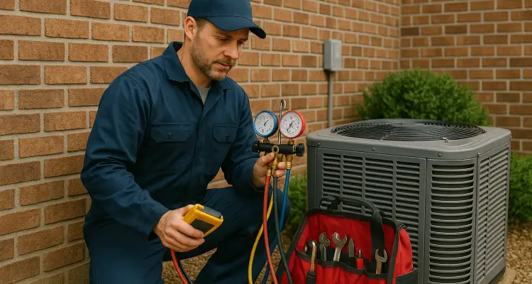 an hvac technician with his tools checking an outside ac unite from Houston Air Conditioning Repair in Katy, TX - Katy TX
