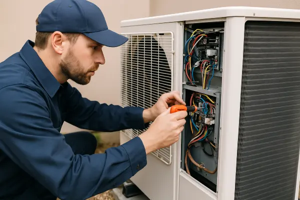an hvac technician using a scredriver to check the wires of an ac unite from Houston Air Conditioning Repair in Katy, TX - Katy TX