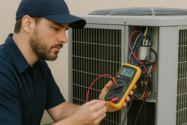 an hvac technician using a ac current meter from Houston Air Conditioning Repair in Katy, TX - Katy TX