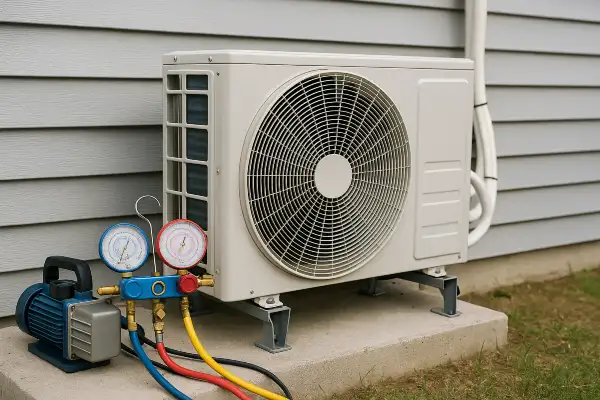 an ac unit outside with an ac manifold gauge next to it from Houston Air Conditioning Repair in The Woodlands, TX - The Woodlands TX an ac unit outside with an ac manifold gauge next to it from Houston Air Conditioning Repair in The Woodlands, TX - The Woodlands TX