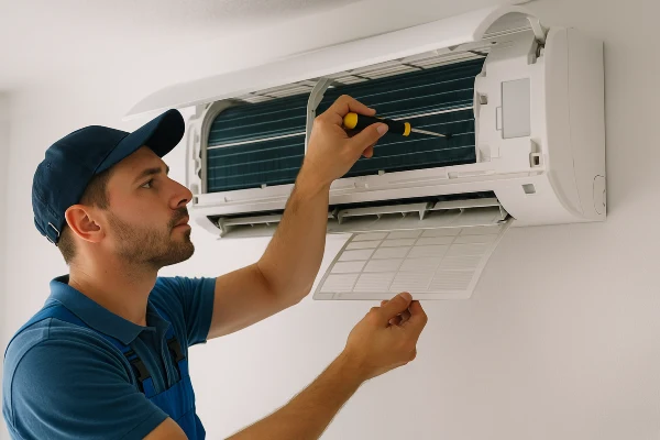 an hvac technician checking a mini split ac from Houston Air Conditioning Repair in The Woodlands, TX - The Woodlands TX an hvac technician checking a mini split ac from Houston Air Conditioning Repair in The Woodlands, TX - The Woodlands TX