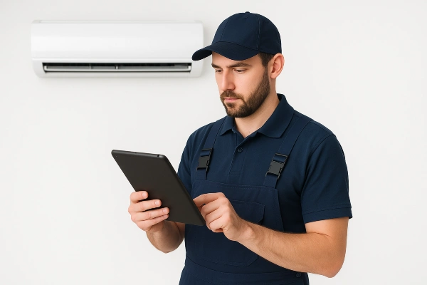 an hvac technician with an ipad filling out a report from Houston Air Conditioning Repair in The Woodlands, TX - The Woodlands TX an hvac technician with an ipad filling out a report from Houston Air Conditioning Repair in The Woodlands, TX - The Woodlands TX